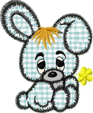 Gingham bunny with a yellow hair tuft and flower applique embroidery digitizing sample