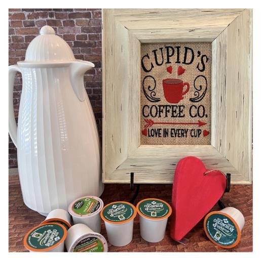 Cupid's Coffee Co burlap sign applique embroidery digitizing sample