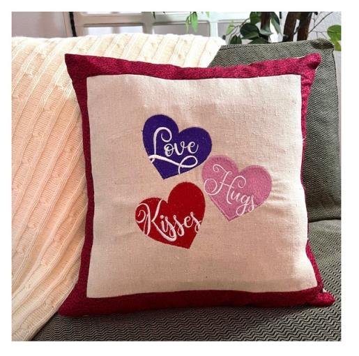 Love Hugs Kisses heart pillow applique embroidery digitizing design