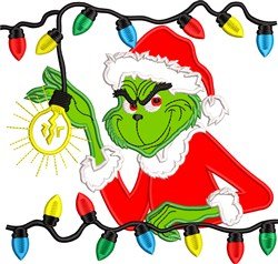 Grinch with Christmas lights applique embroidery digitizing sample