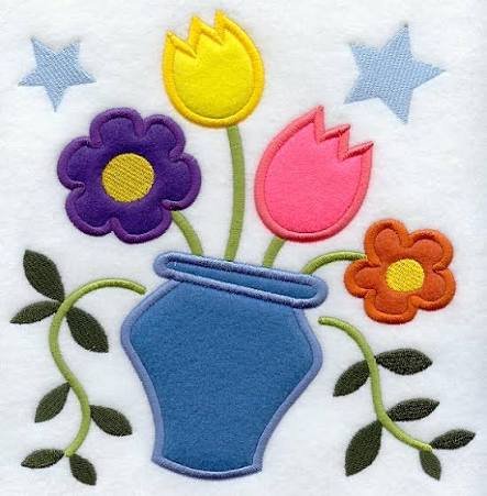 Blue vase with tulips and daisies applique embroidery digitizing sample