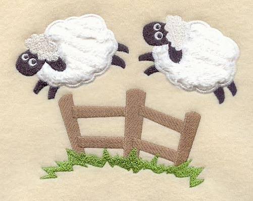 Two sheep jumping a fence applique embroidery digitizing sample
