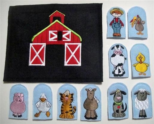 Red barn and farm animal finger puppets applique embroidery digitizing sample