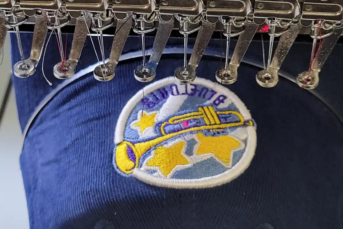 Blue Notes trumpet patch cap embroidery digitizing on a machine