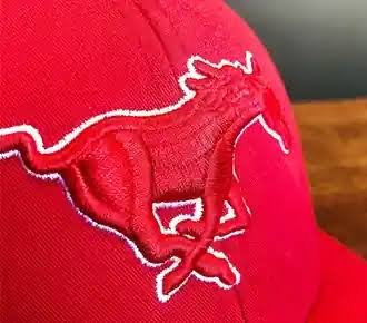 Running horse cap embroidery digitizing on a red hat