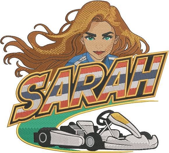 Sarah go-kart name lettering embroidery punching and digitizing design