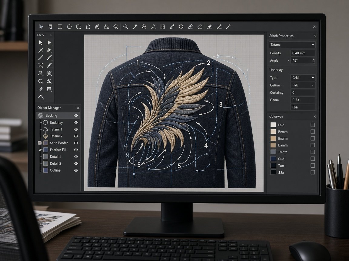 Digitizing software with stitch objects and sewing sequence on a jacket design