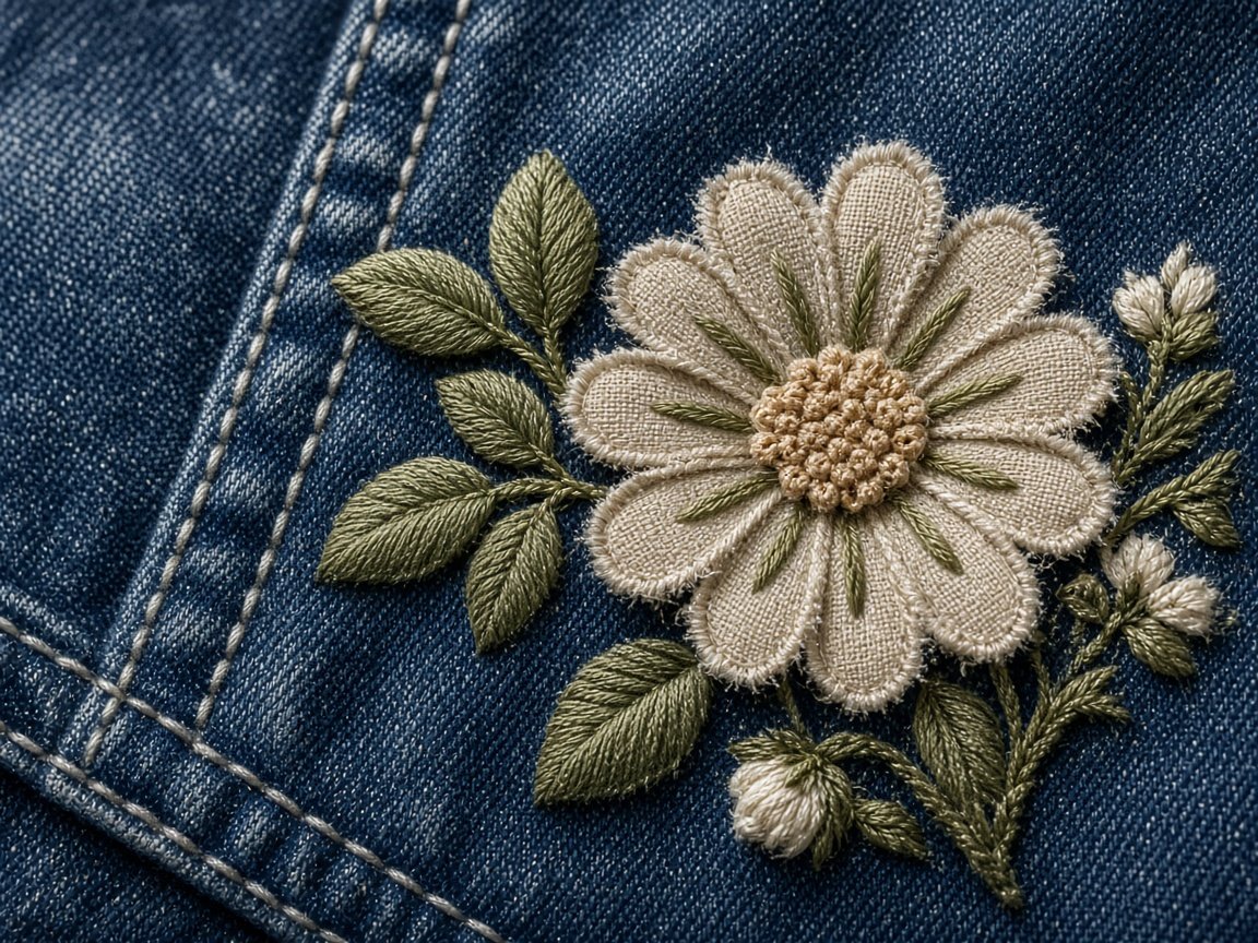 Floral applique embroidery on denim