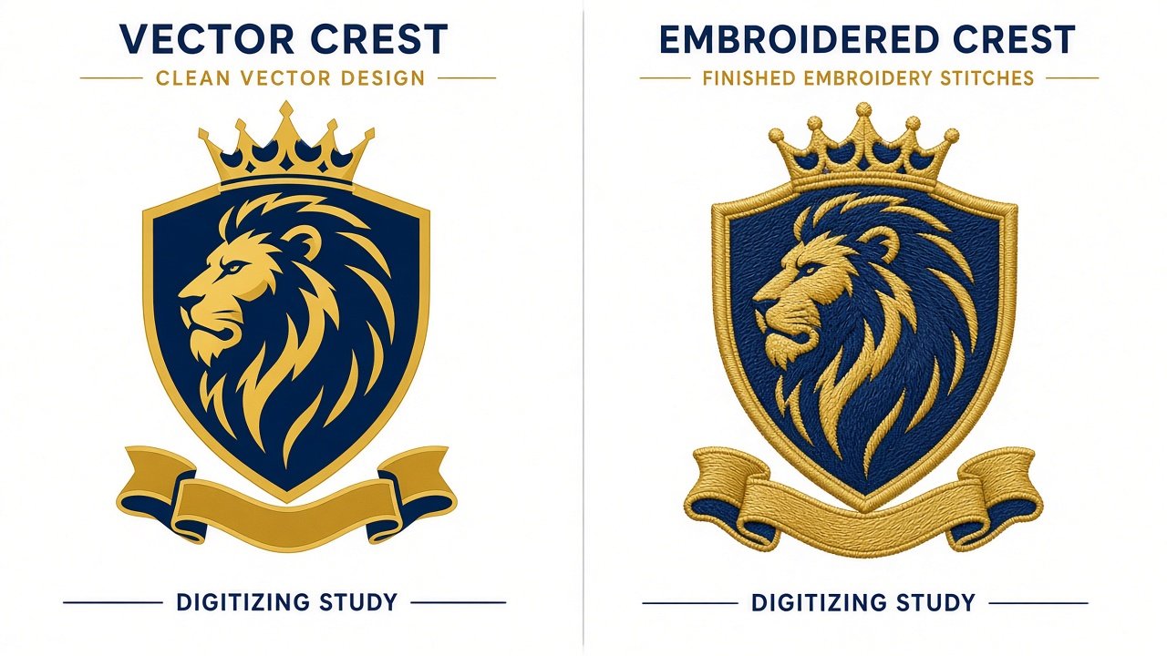 Before vector crest and after embroidered crest comparison