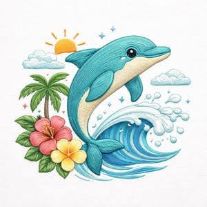 Tropical dolphin jacket back embroidery digitizing design