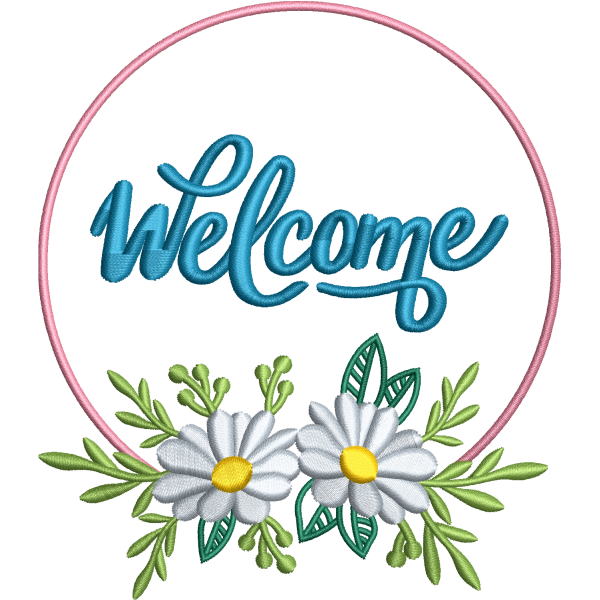 Welcome circle with daisies logo embroidery digitizing design