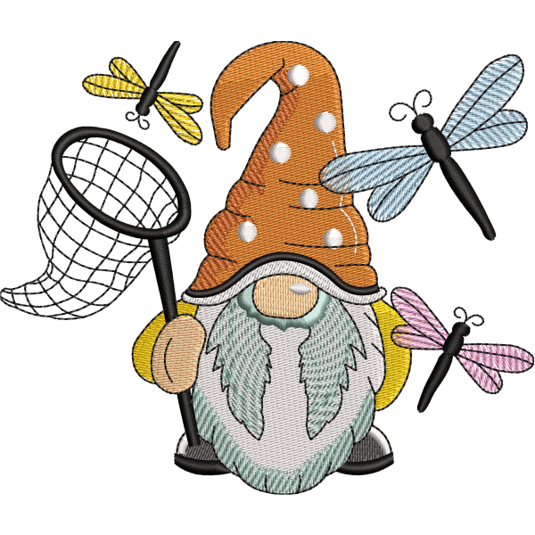 Garden gnome with dragonflies logo embroidery digitizing sample