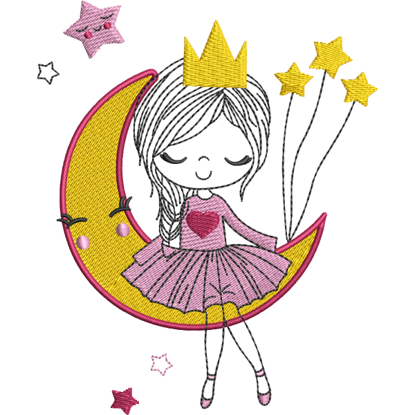 Princess on a crescent moon logo embroidery digitizing sample