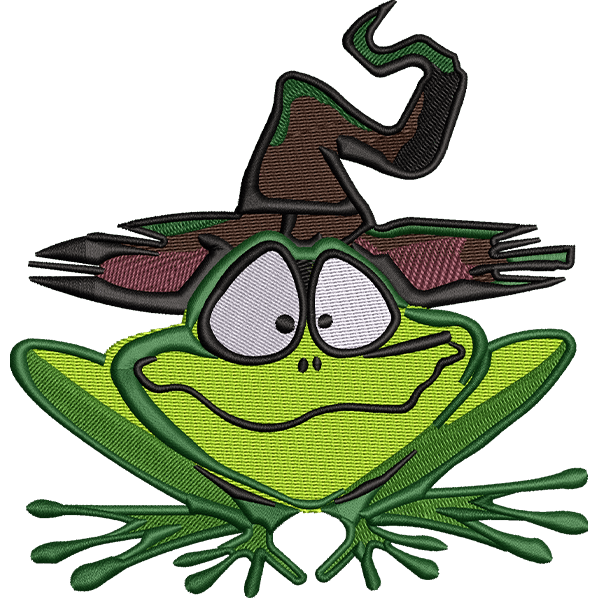 Frog in a witch hat logo embroidery digitizing sample