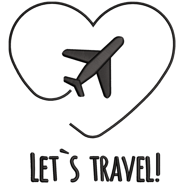Let's Travel heart and airplane logo embroidery digitizing sample