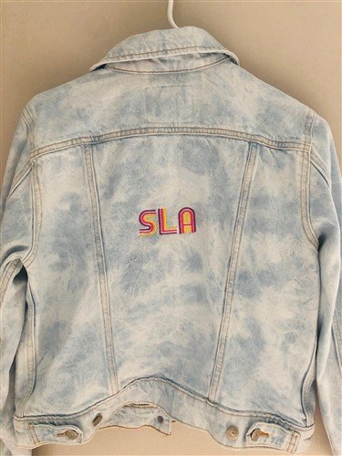 Denim jacket back SLA block letters monogram embroidery digitizing design