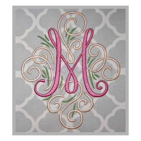 Pink and cream interlocking script M monogram embroidery digitizing design