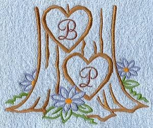 Tree trunk hearts with letters B and P monogram embroidery digitizing sample