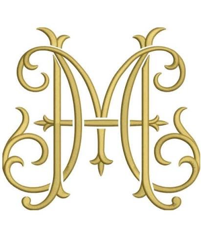 Gold interlocking ornamental M monogram embroidery digitizing design