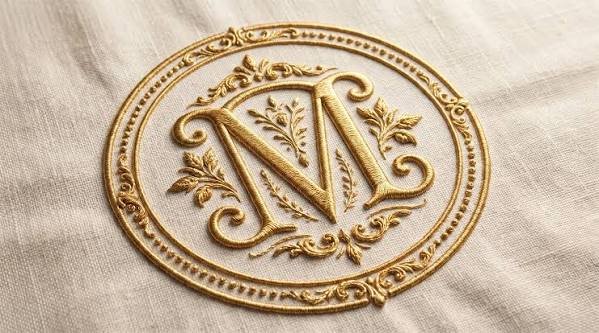 Round gold letter M floral crest on linen monogram embroidery digitizing sample