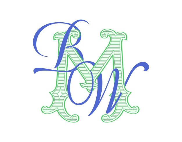 Blue script and green striped interlocking letters monogram embroidery digitizing sample