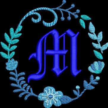 Blue letter M floral wreath monogram embroidery digitizing design