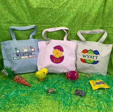 Easter tote names Westin, Eli, and Wyatt monogram embroidery digitizing sample