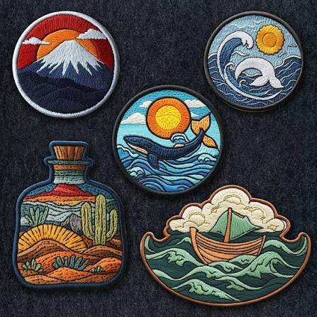 Mountain, whale, desert, and boat patch embroidery digitizing set