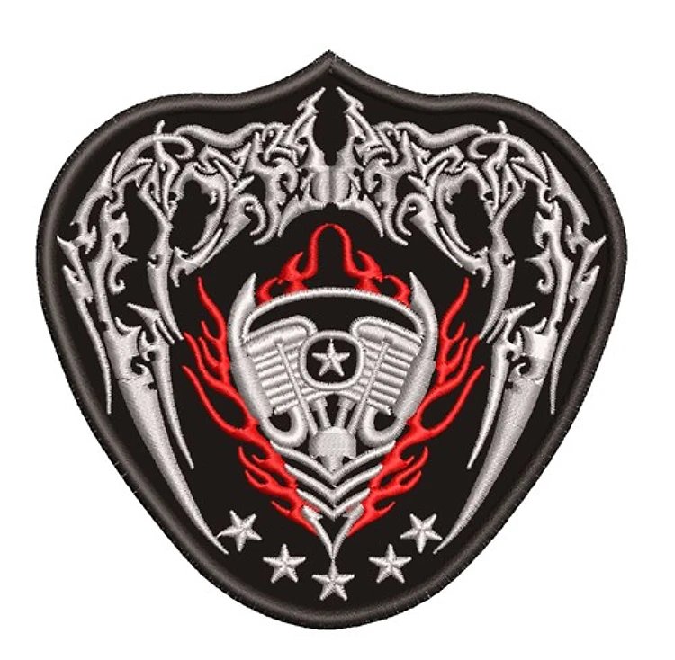 Motorcycle engine tribal shield patch embroidery digitizing sample