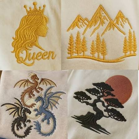 Queen, mountain, dragon, and bonsai sleeve embroidery digitizing designs